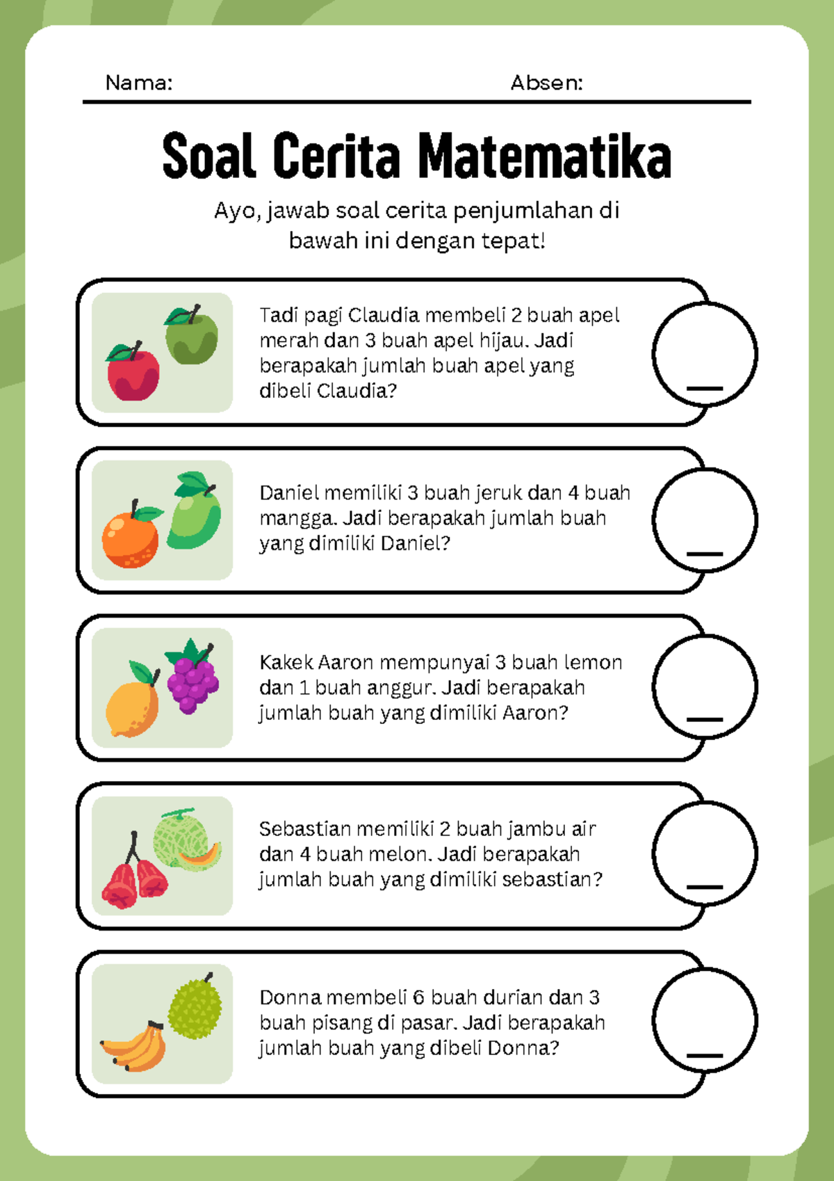 Lembar Kerja Matematika Soal Cerita Penjumlahan Kelas A - Studocu