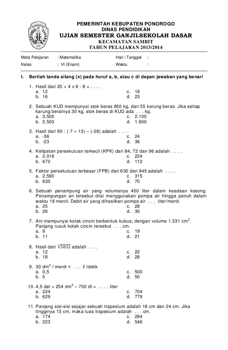 Soal Matematika Kelas 4 Semester 1 Kurikulum 2013 Dalchaebi