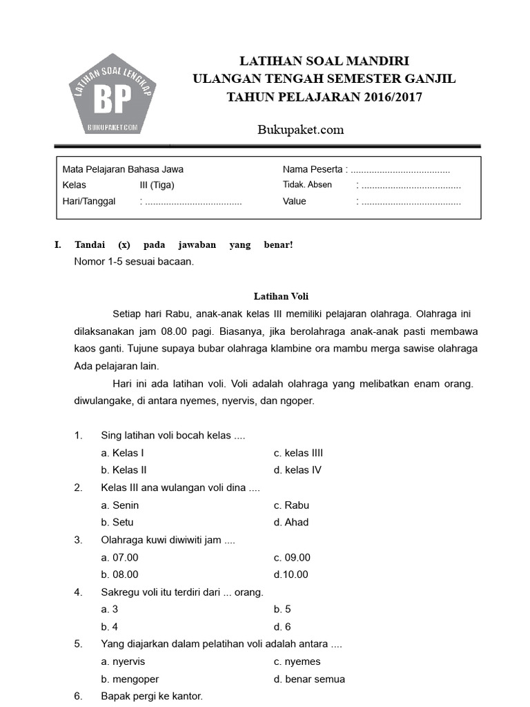 Soal UTS Bahasa Jawa Kelas 3 Semester 1 PDF