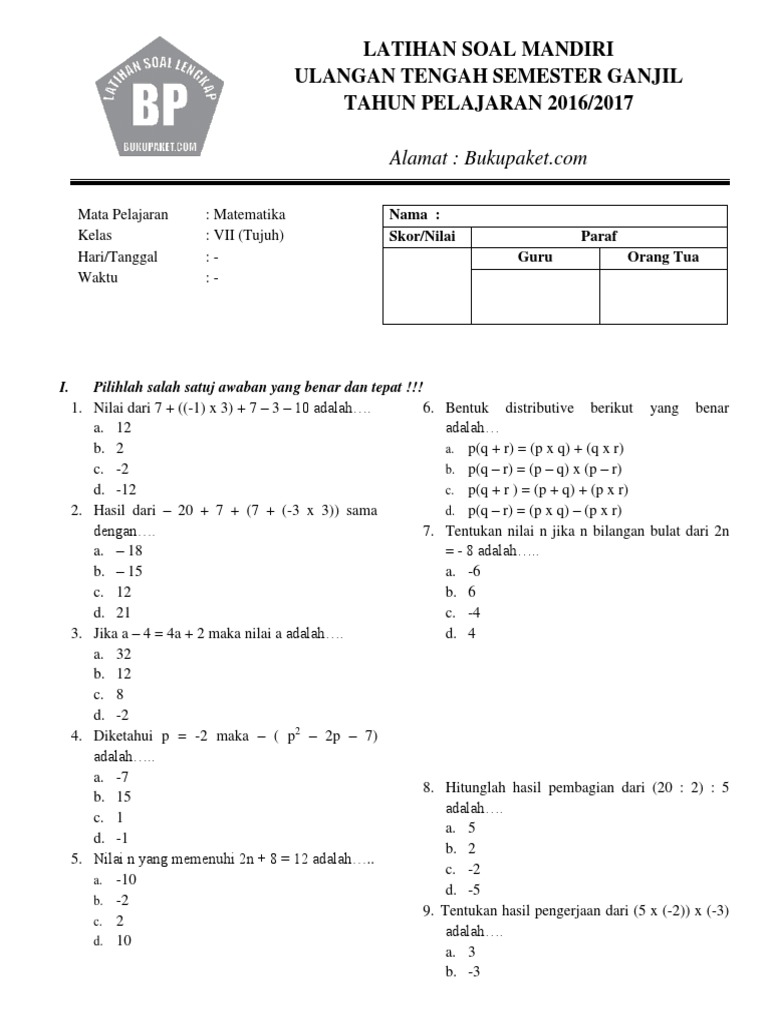 Rahasia Nilai Sempurna 15 Latihan Soal Matematika Kelas 7 Semester 1 Yang Wajib Dicoba