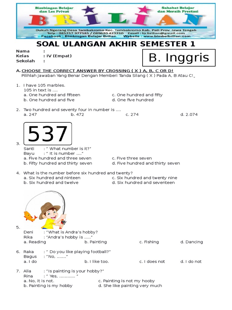 contoh soal uts bahasa inggris kelas 4 sd semester 1