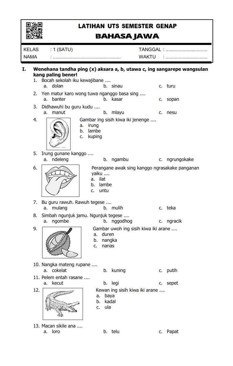 5 Contoh Soal UTS Bahasa Jawa Kelas 1 Semester 2 yang Wajib Diketahui Siswa