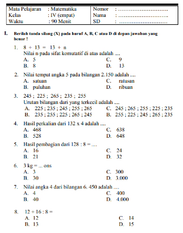 Contoh Soal Ujian Sementer 1 Matematika Kelas 8 Doc - Kita Belajar Contoh Soal Ujian Sementer 1 Matematika Kelas 8 Doc - Kita Belajar