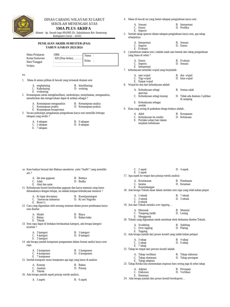 SOAL PAS SMA plus AKHFA MATA PELAJARAN SENI BUDAYA KELAS 12 sem 1 PG PDF