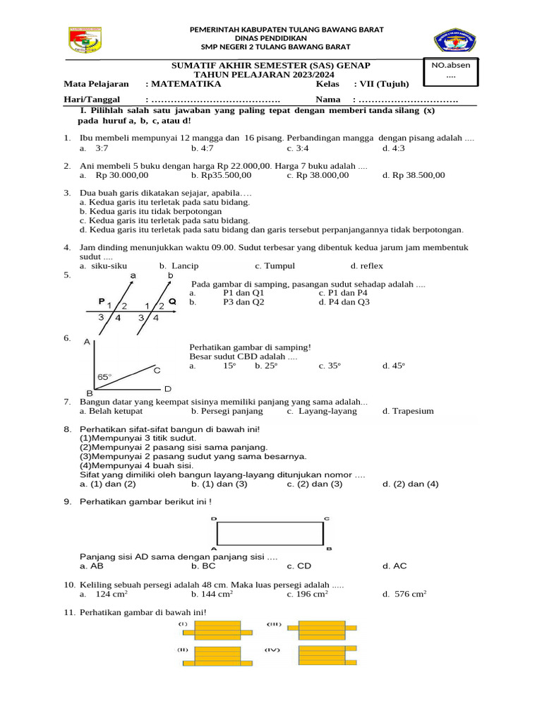 Soal Ujian Matematika Kelas VII PDF