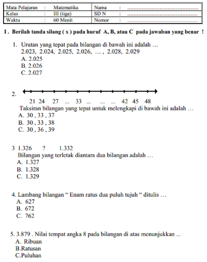 SOAL DAN JAWABAN PAS - UAS MATEMATIKA KELAS 3 SD SEMESTER 1 SERBA SERBI