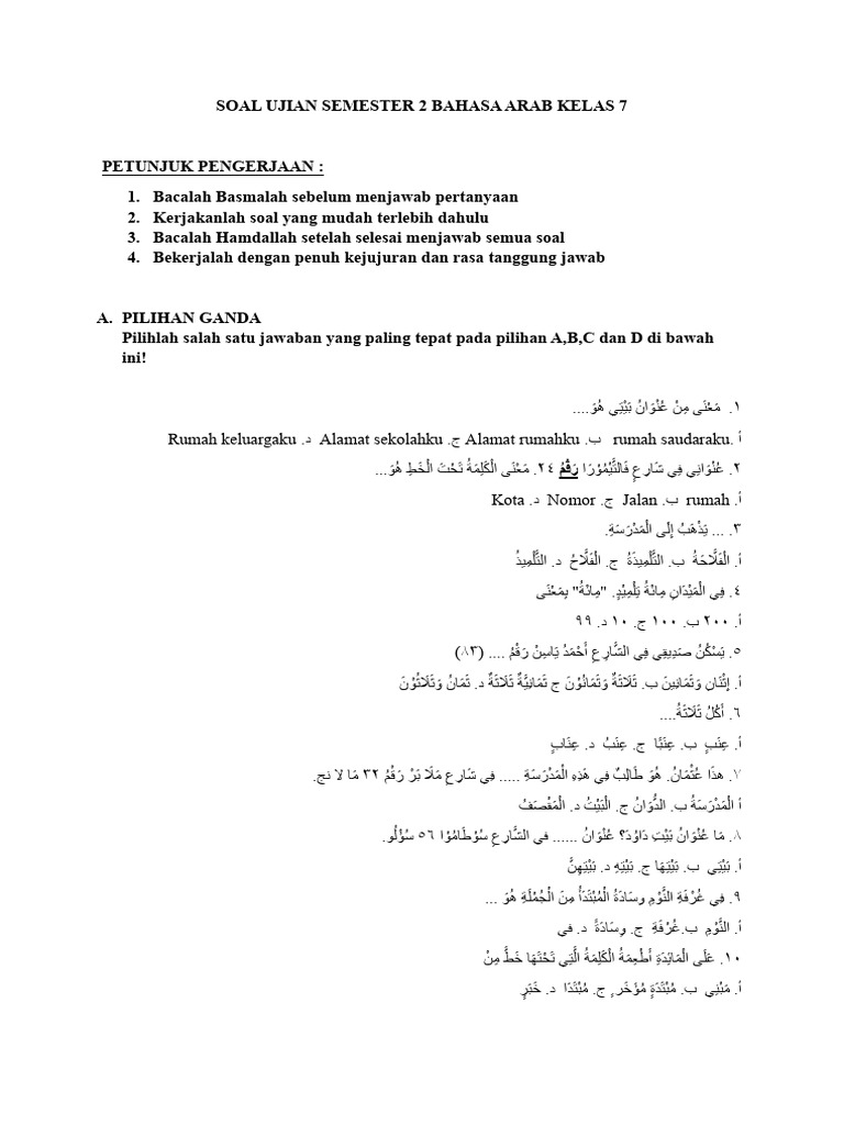 Soal Ujian Semester 2 Bahasa Arab Kelas 1 PDF Soal Ujian Semester 2 Bahasa Arab Kelas 1 PDF