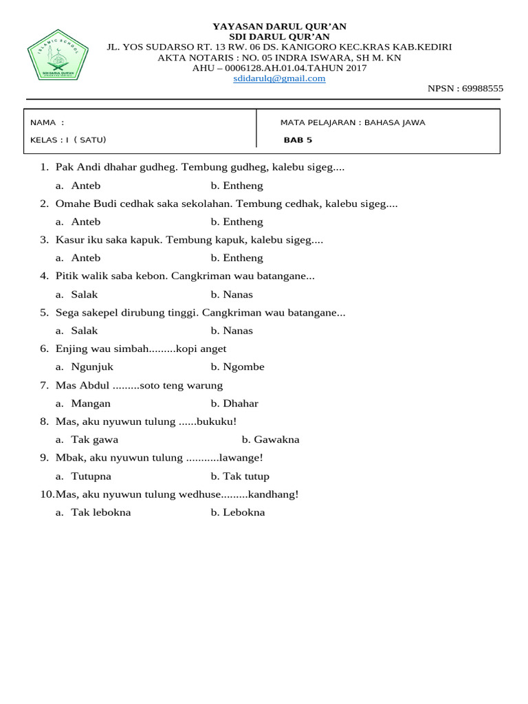 5 Contoh Soal Bahasa Madura Kelas 3 SD Semester 1 yang Wajib Diketahui Siswa