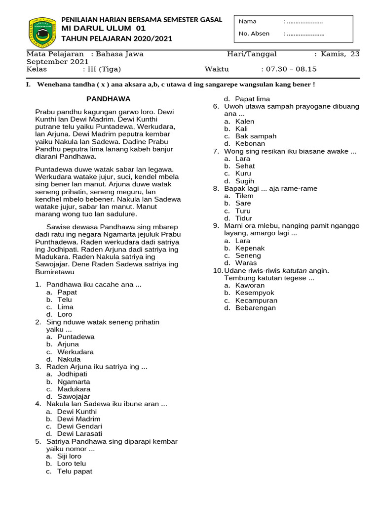 Soal Bahasa Jawa Kelas 3 Uts Gasal PDF Soal Bahasa Jawa Kelas 3 Uts Gasal PDF