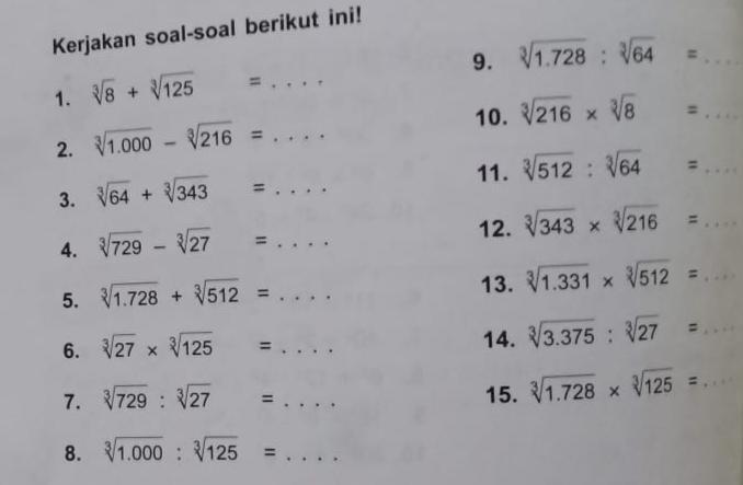 7 Lembar Kerja Siswa Akar Pangkat 3 Kelas 5 SD Siap Cetak Lengkap Soal dan Jawabannya
