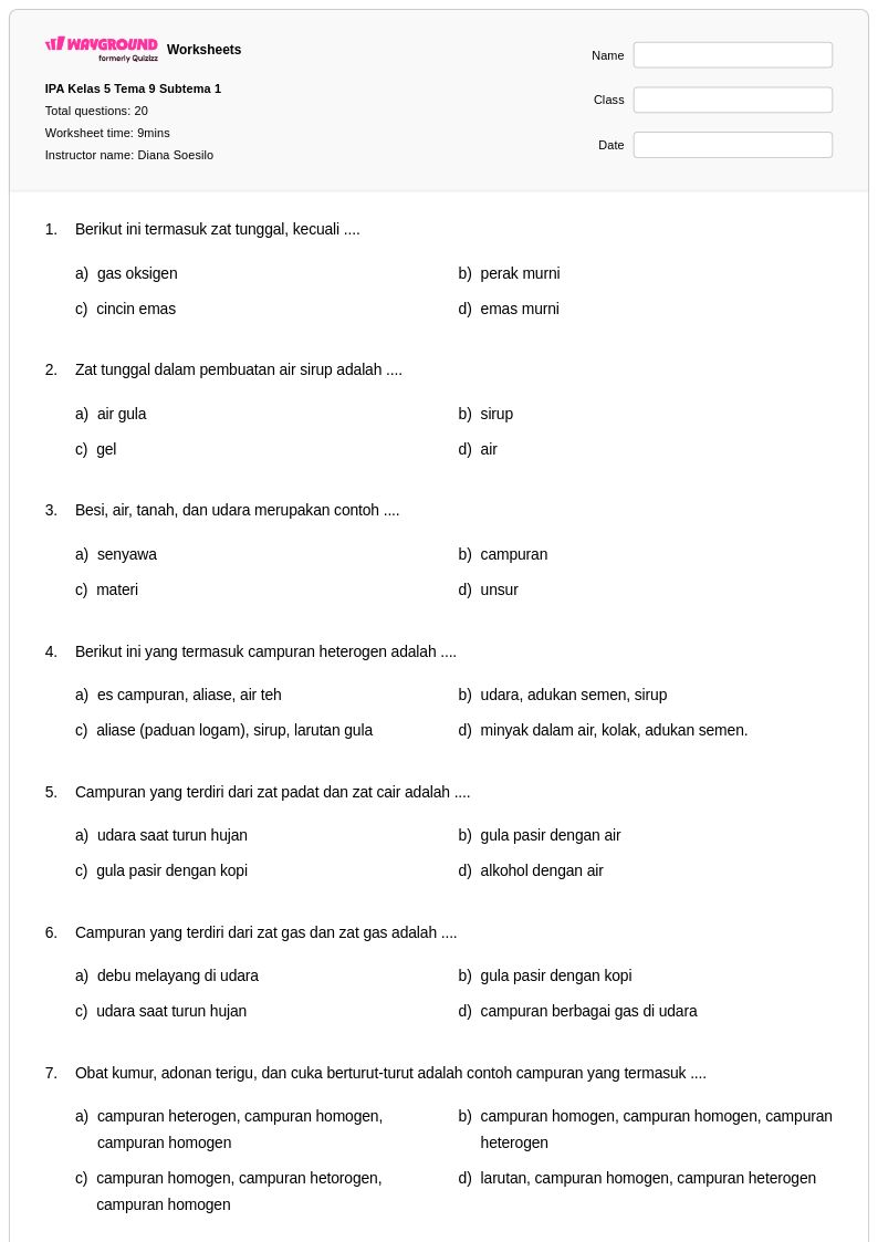 50 lembar kerja Campuran dan Zat Murni untuk Kelas 5 di Wayground 50 lembar kerja Campuran dan Zat Murni untuk Kelas 5 di Wayground