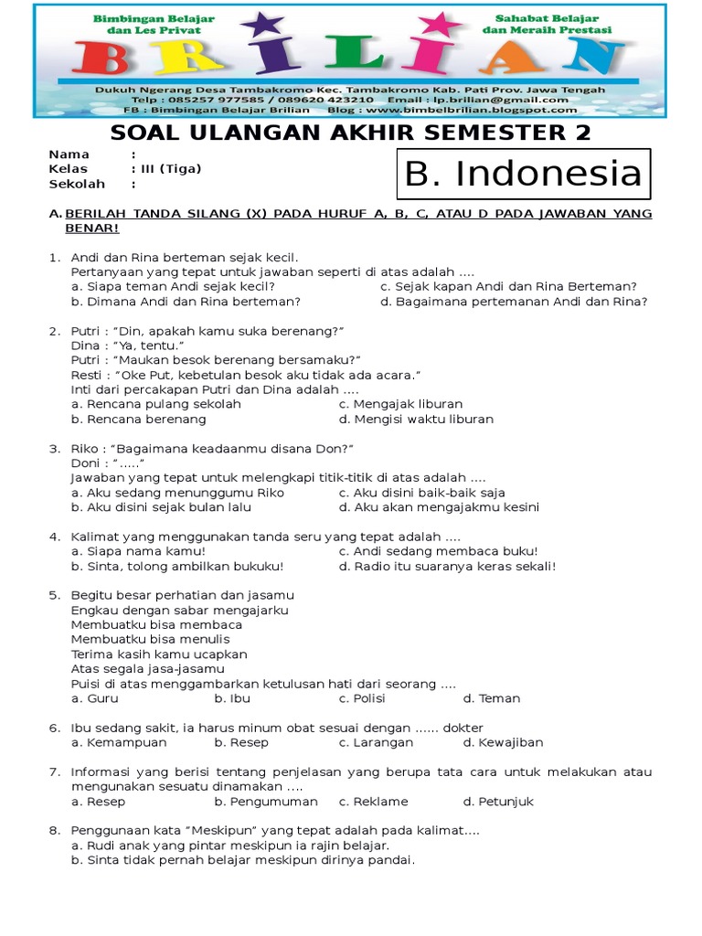 32 Latihan Soal Bahasa Indonesia Kelas 3 Sd Semester 1 - Soal Jawaban 32 Latihan Soal Bahasa Indonesia Kelas 3 Sd Semester 1 - Soal Jawaban