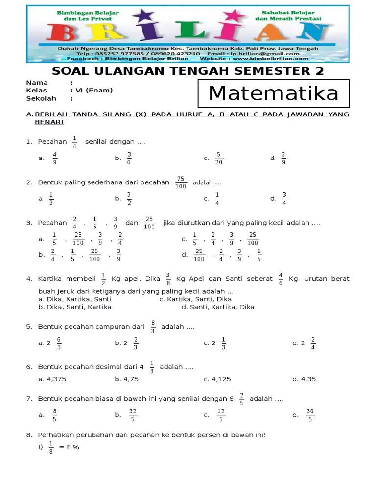 Soal Matematika Kelas 6 Semester 2 Dan Kunci Jawabannya - Soal Jawaban Soal Matematika Kelas 6 Semester 2 Dan Kunci Jawabannya - Soal Jawaban