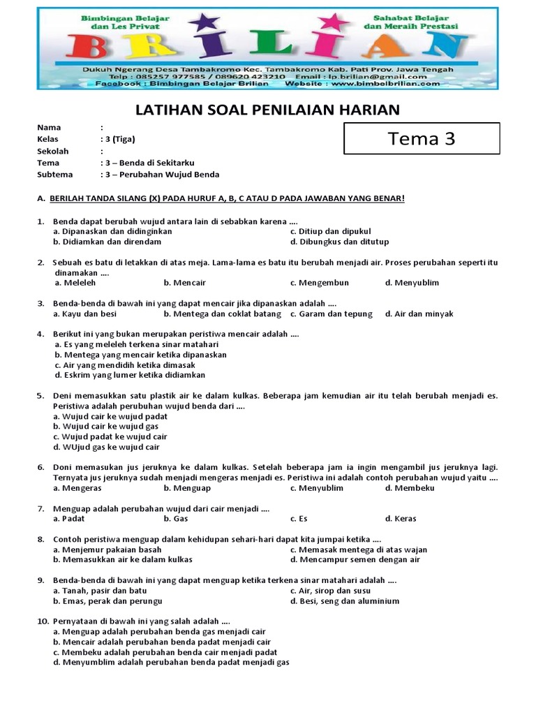 Soal Tematik Kelas 3 SD Tema 3 Subtema 3 Perubahan Wujud Benda Dan Soal Tematik Kelas 3 SD Tema 3 Subtema 3 Perubahan Wujud Benda Dan