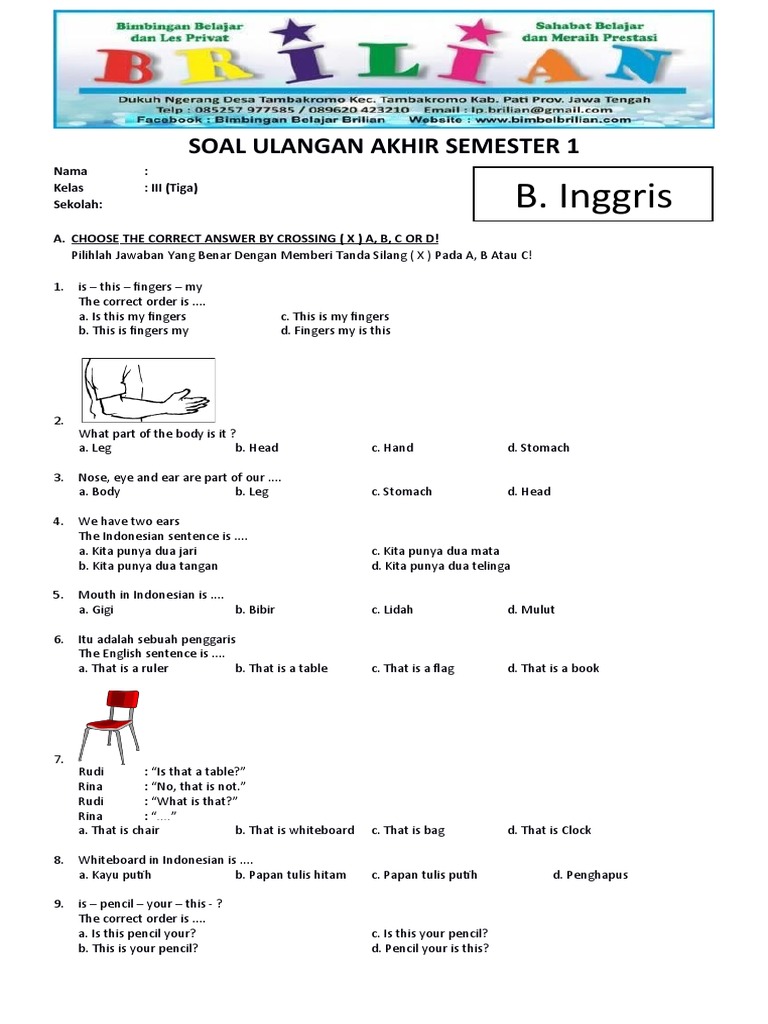 Kumpulan Soal UAS Bahasa Inggris Kelas 3 SD Semester 1 Terbaru 2026 Beserta Kunci Jawaban Lengkap