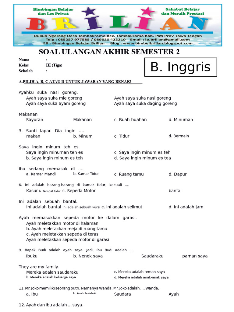 Soal UAS Bahasa Inggris Kelas 3 SD Semester 2 Dan Kunci Jawaban PDF Soal UAS Bahasa Inggris Kelas 3 SD Semester 2 Dan Kunci Jawaban PDF