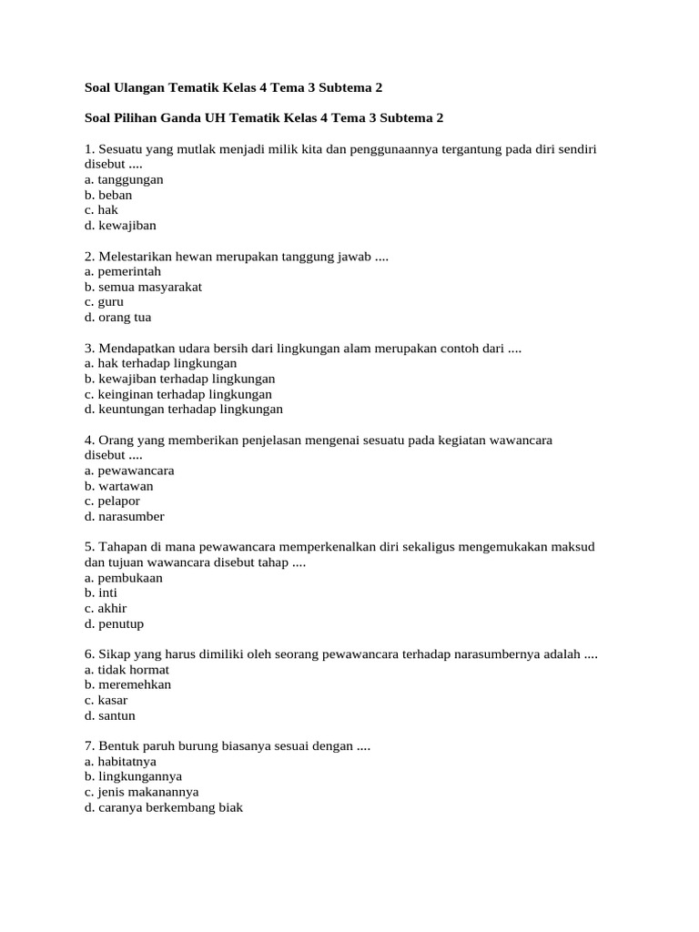 Soal Ulangan Tematik Kelas 4 Tema 3 Subtema 2 PDF Soal Ulangan Tematik Kelas 4 Tema 3 Subtema 2 PDF