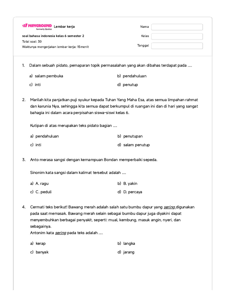 Soal Bahasa Indonesia Kelas 6 Semester 2 - Wayground PDF Soal Bahasa Indonesia Kelas 6 Semester 2 - Wayground PDF