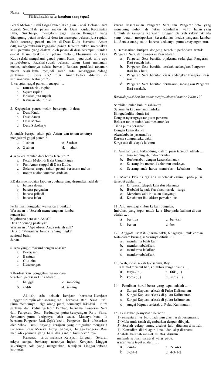 contoh soal kelas 6 bahasa indonesia ktsp semester 2