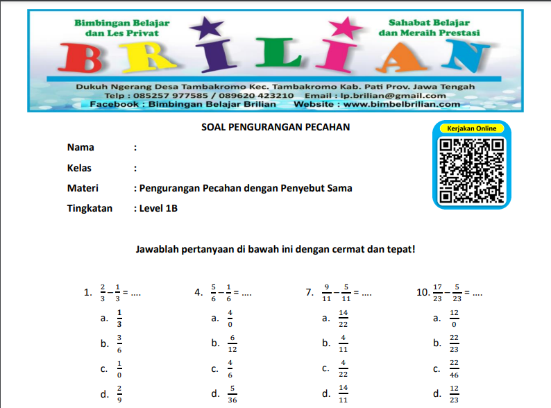 soal pengurangan pecahan kelas 3