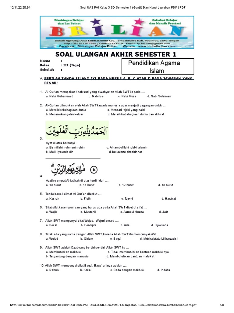 Wajib Tahu Bocoran Soal UAS PAI Kelas 3 Semester 1 Kurikulum 2013 Agar Nilai Sempurna