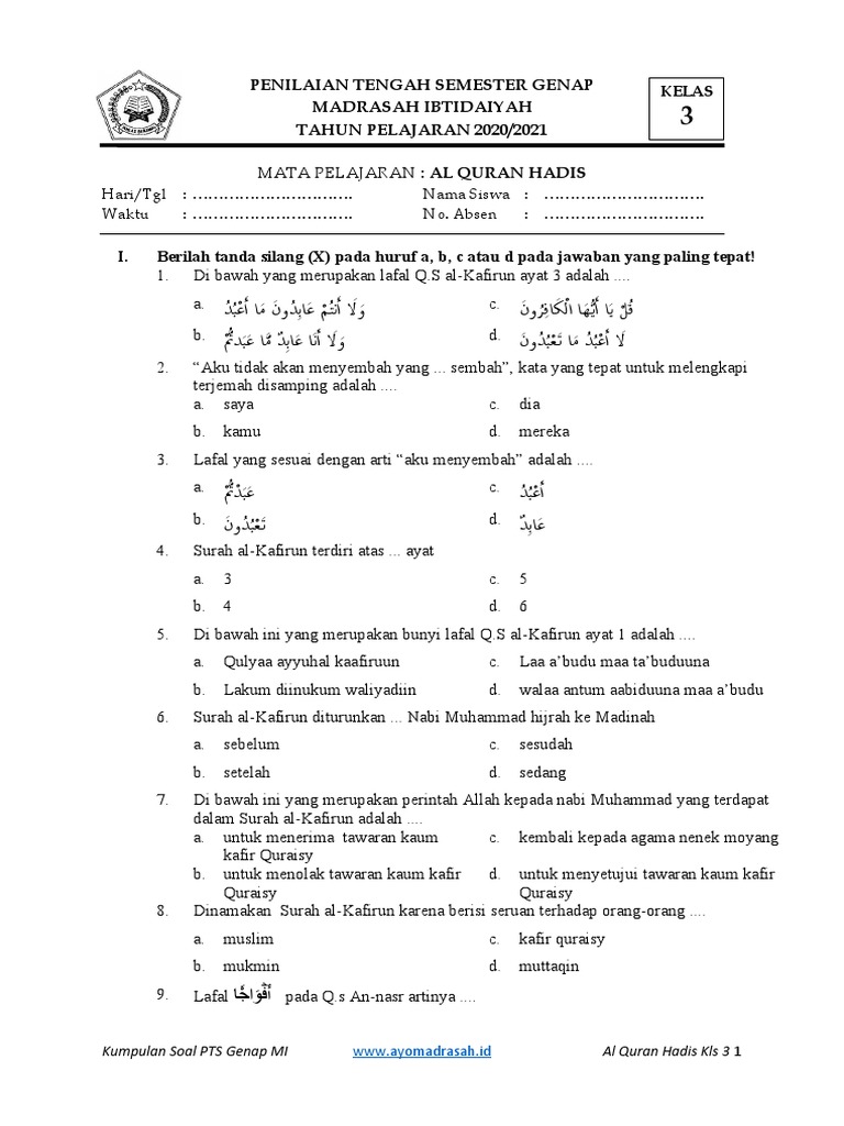 Wajib Tahu! Ini Bocoran Kisi-kisi Soal Al-Quran Hadits MI Kelas 3 Terbaru